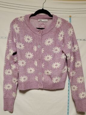 Zara Lavendar Lilac Knit Cardigan Sweater Daisies Med Poly Wool Alpaca Blend